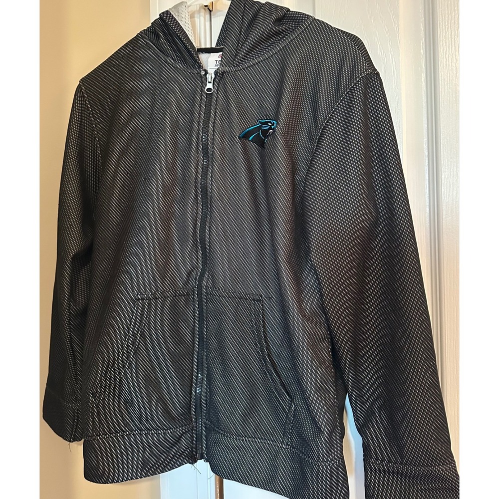 NFL Team Apparel Carolina Panthers Youth Full Zip Hoodie Black‎ White  L 12/14